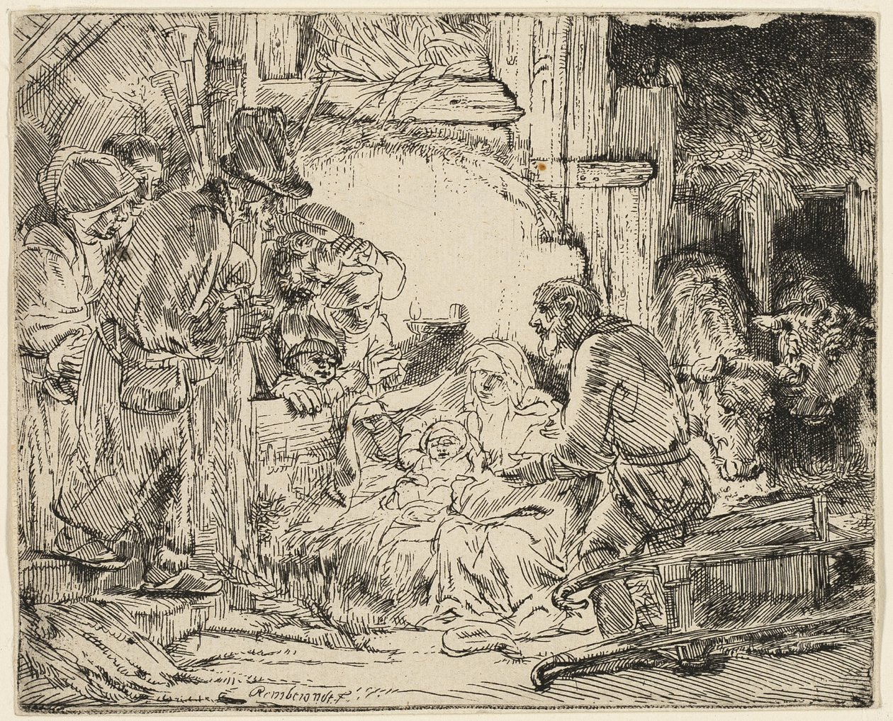 Hyrdenes tilbedelse: Med lampen av Rembrandt van Rijn