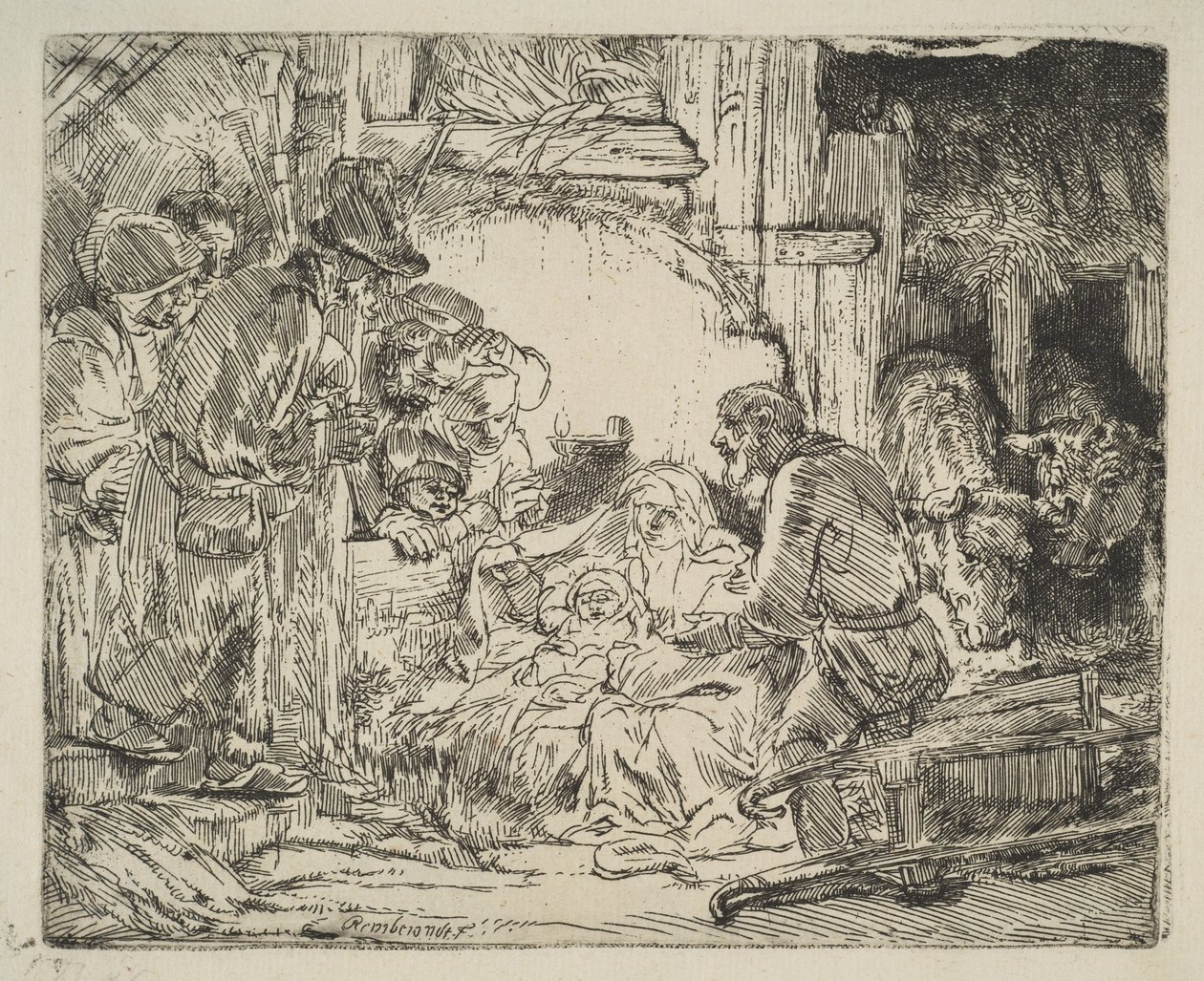 Hyrdenes tilbedelse, med lampen, ca. 1654. av Rembrandt van Rijn