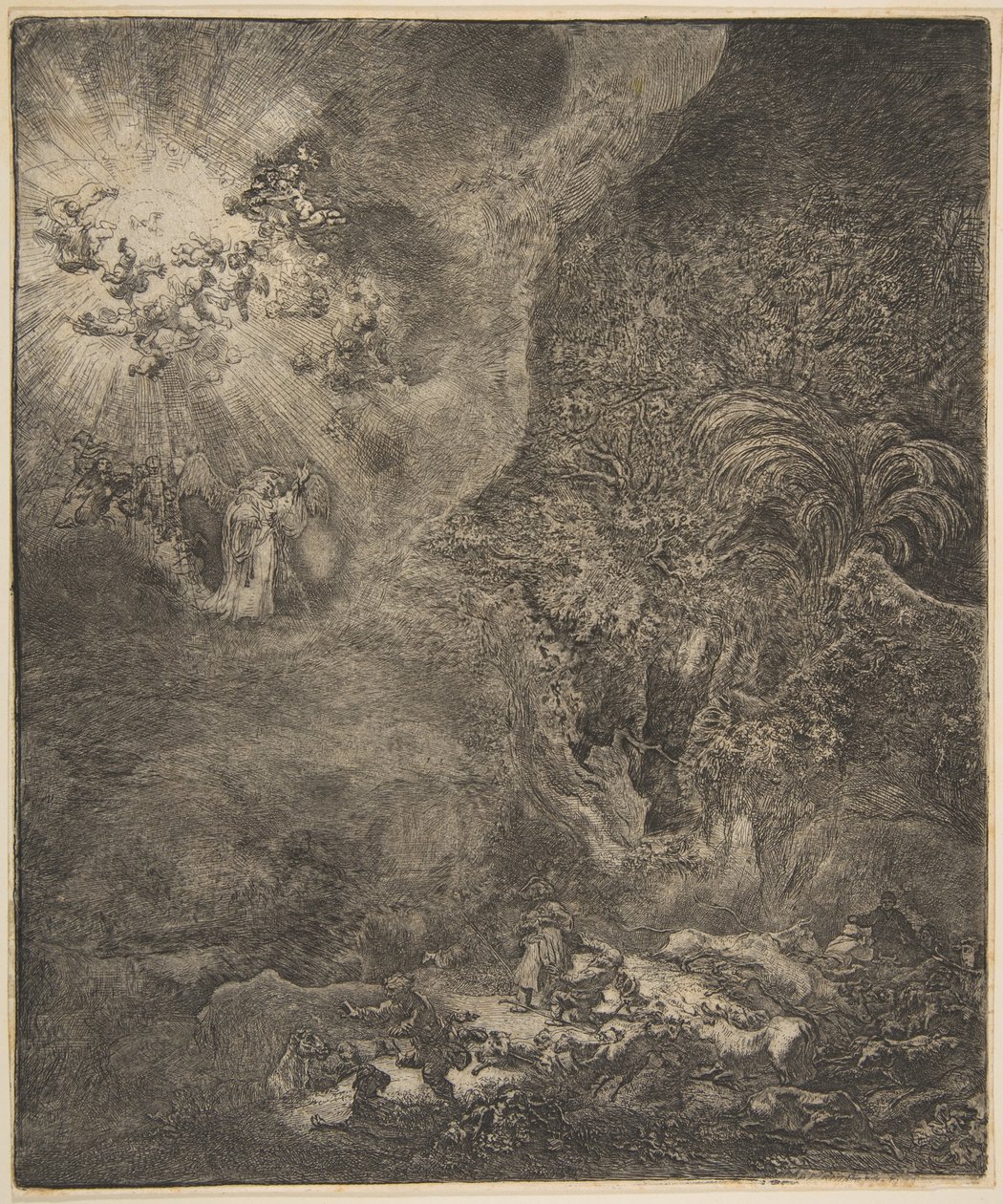 Engelen som viser seg for hyrdene. av Rembrandt van Rijn