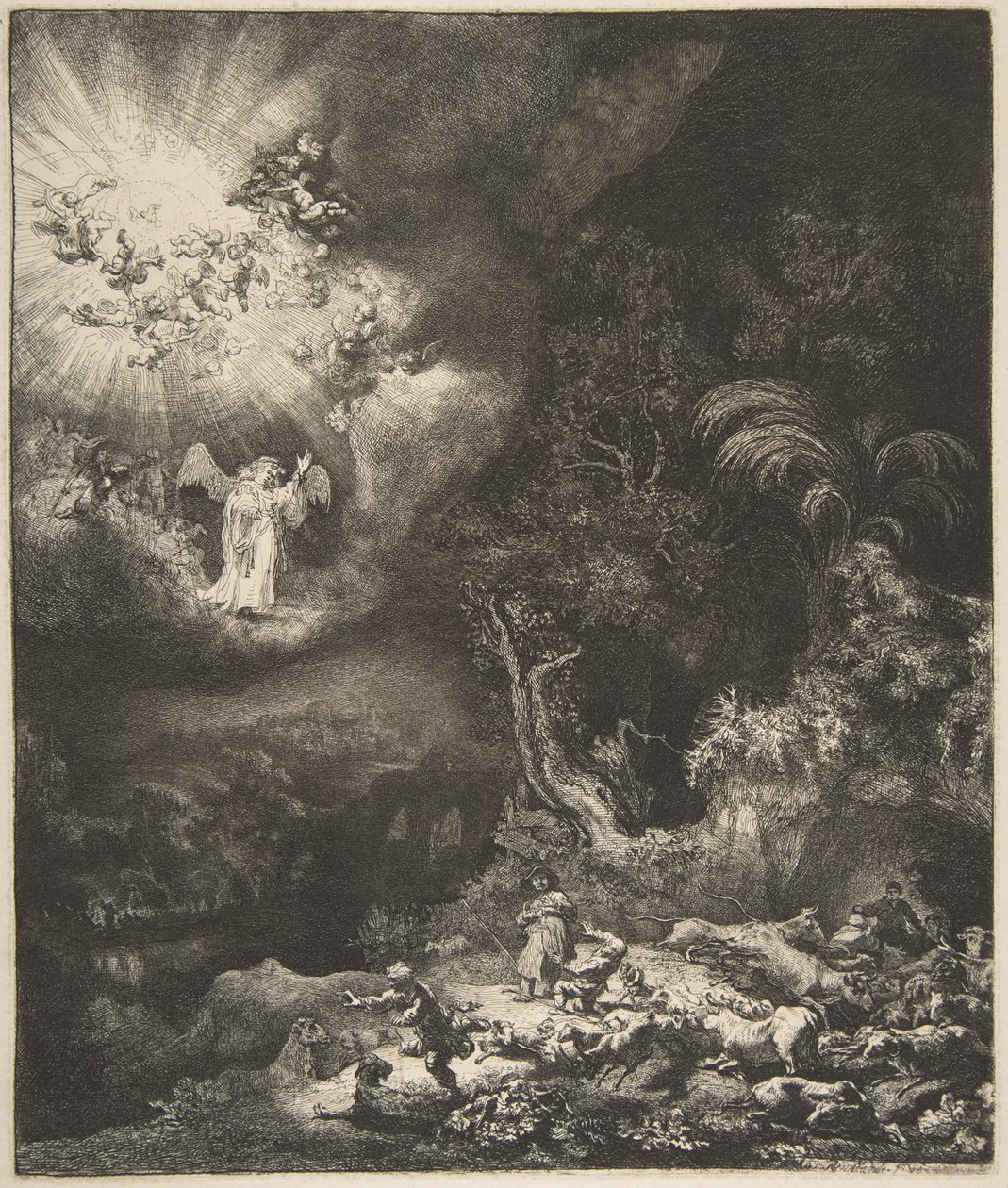 Engelen som viser seg for hyrdene, 1634. av Rembrandt van Rijn