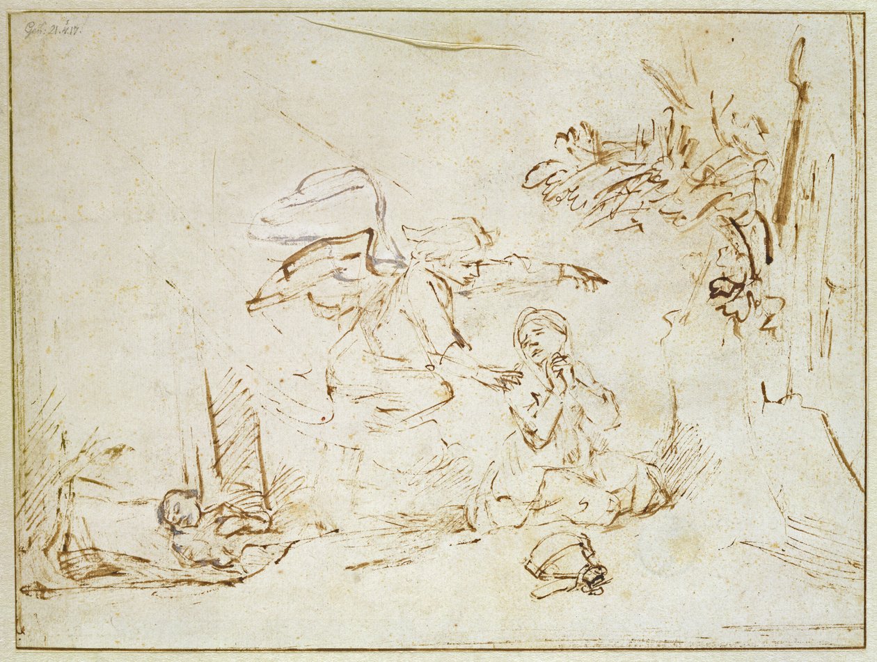 Engelen viser seg for Hagar og Ismael i villmarken (penn og brunt blekk med kroppsfarge på papir) av Rembrandt van Rijn