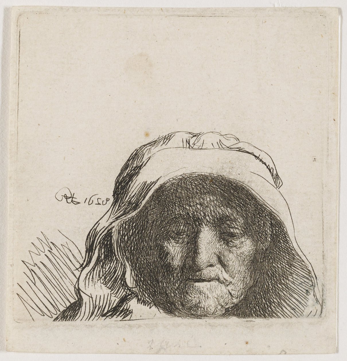 Kunstnerens mor: Bare hodet, sett forfra av Rembrandt van Rijn