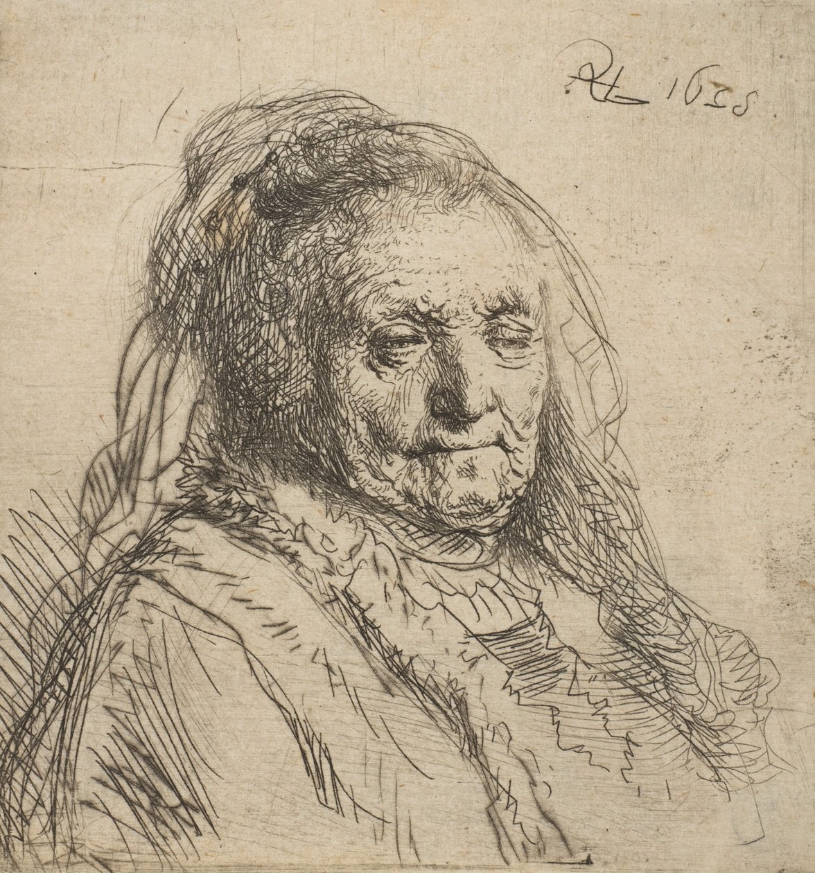 Kunstnerens mor: hode og byste, trekvart høyre, 1628., 1628. av Rembrandt van Rijn