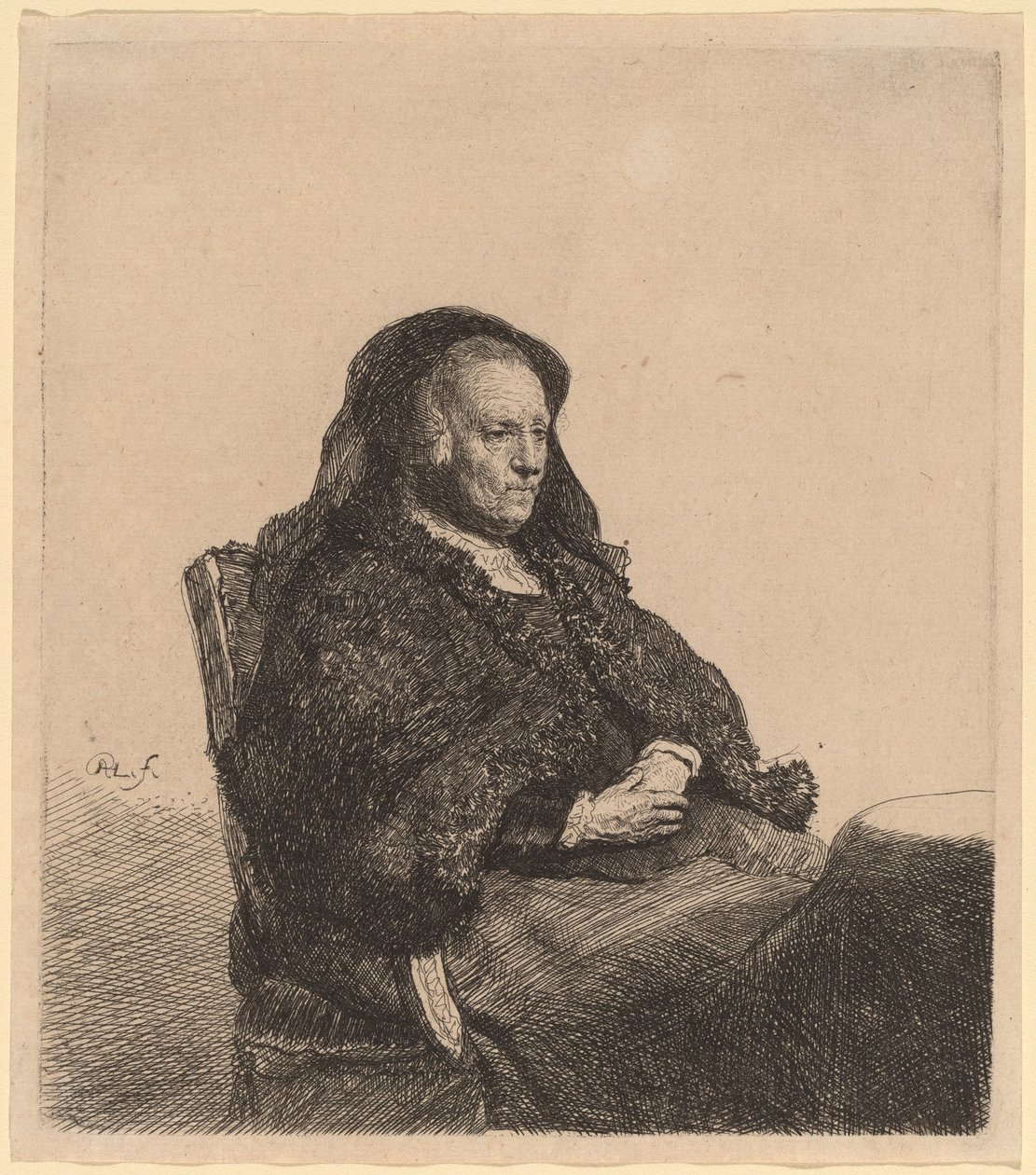 Kunstnerens mor sitter ved et bord og ser rett ut av Rembrandt van Rijn