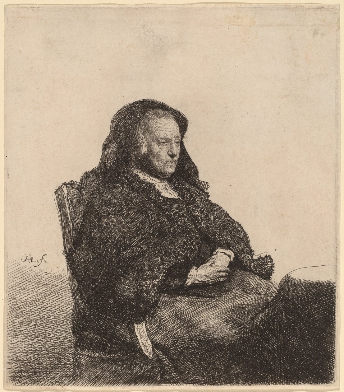 Kunstnerens mor sitter ved et bord og ser rett ut av Rembrandt van Rijn