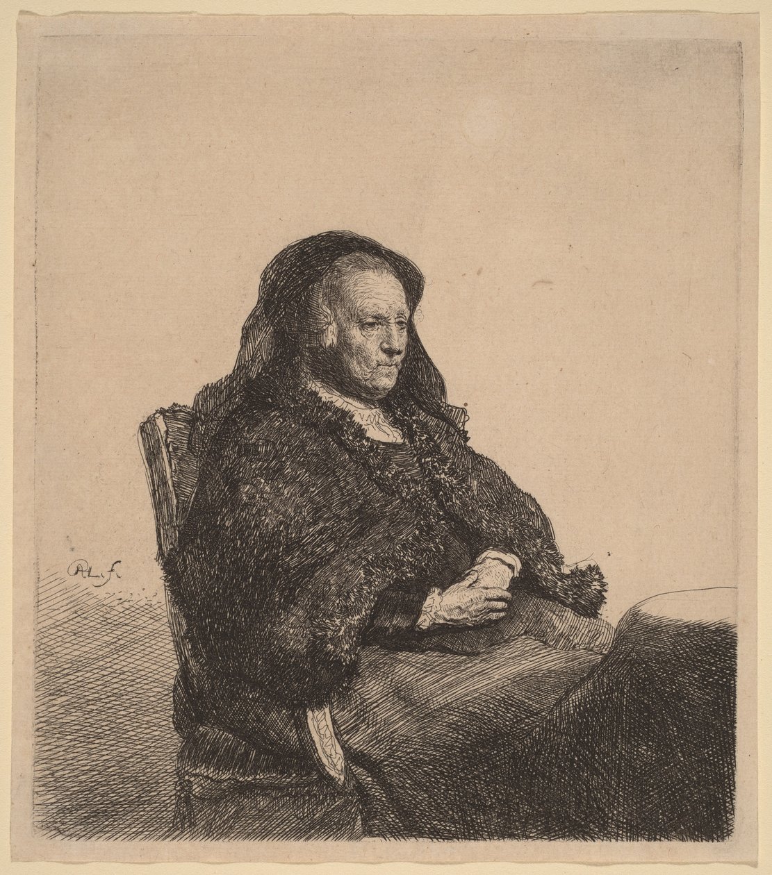 Kunstnerens mor sitter ved et bord og ser mot høyre av Rembrandt van Rijn