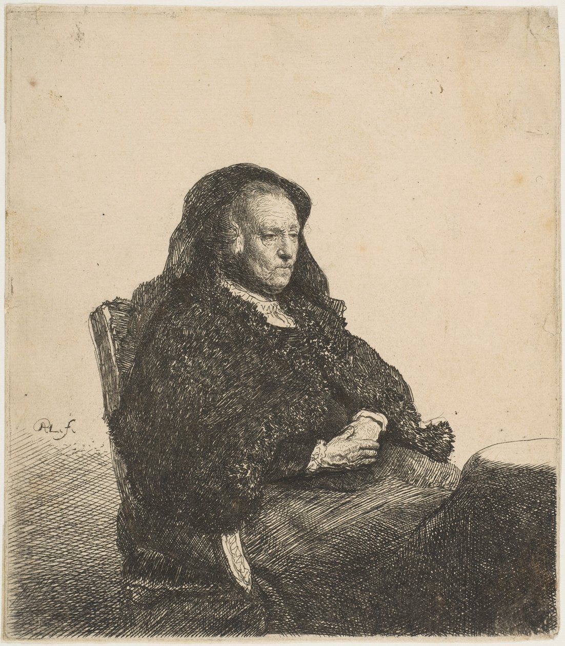 Kunstnerens mor sitter ved et bord og ser rett ut: Trekvart lengde, ca. 1631. av Rembrandt van Rijn