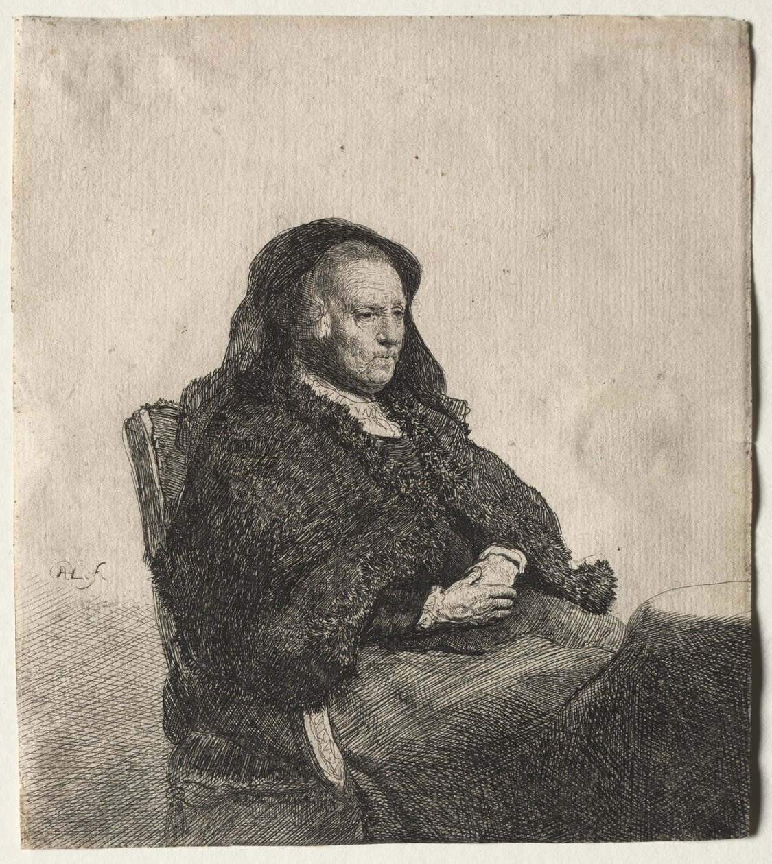Kunstnerens mor sitter ved et bord, ser rett: Tre fjerdedels lengde av Rembrandt van Rijn