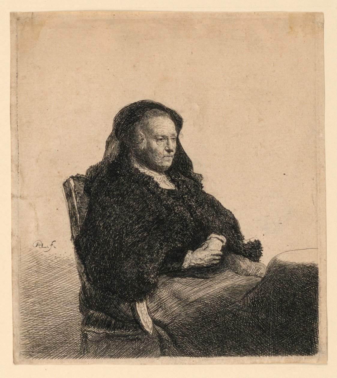 Kunstnerens mor sitter ved et bord, ser rett: Tre fjerdedels lengde av Rembrandt van Rijn