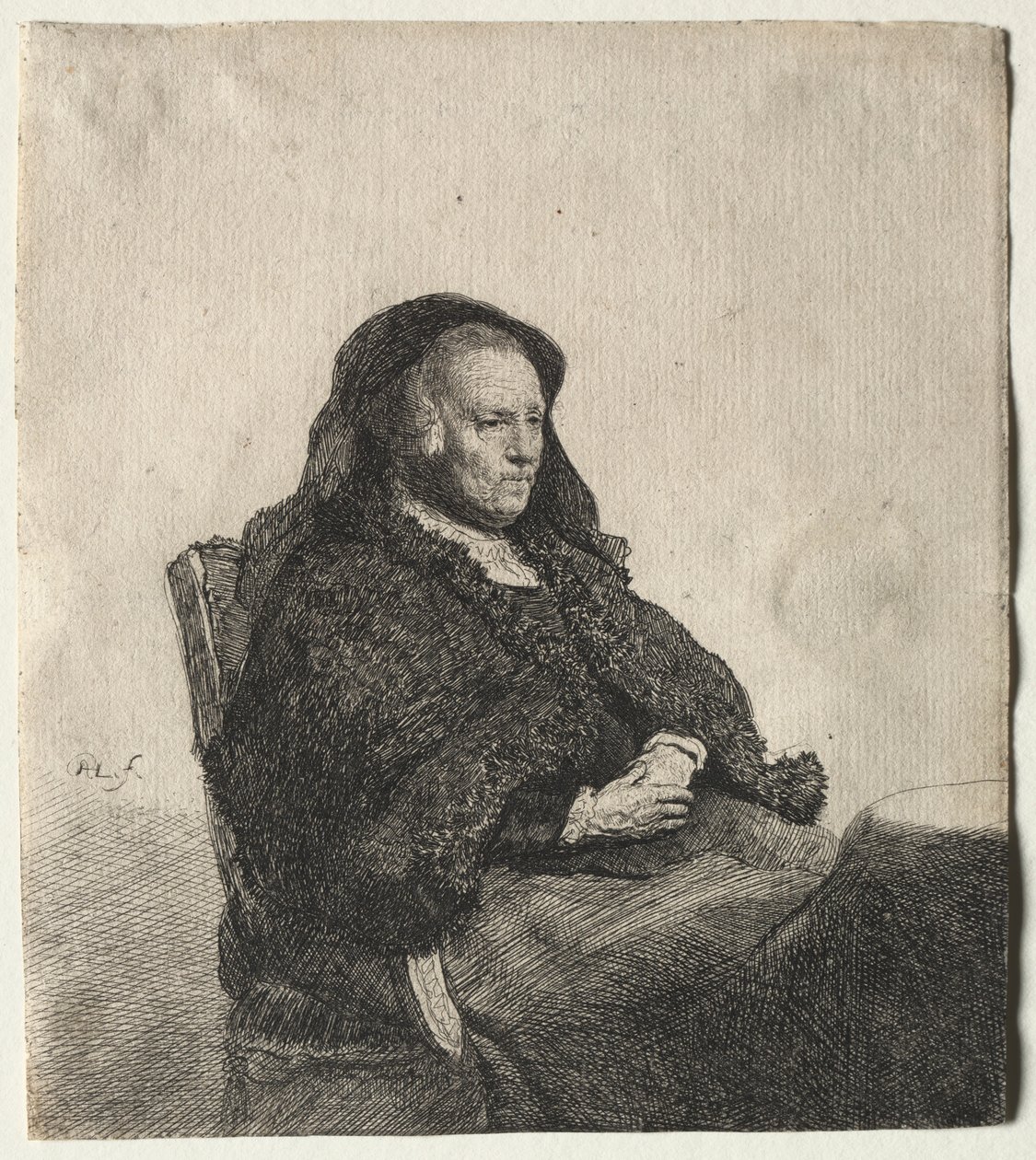 Kunstnerens mor sitter ved et bord, ser høyre: Tre fjerdedels lengde, ca. 1631. av Rembrandt van Rijn
