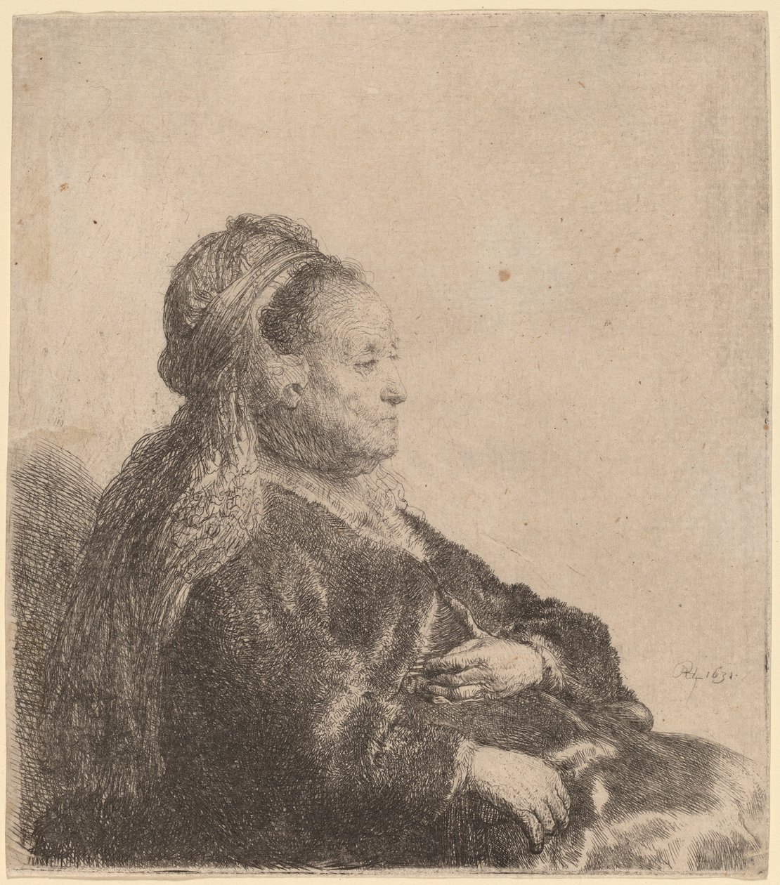 Kunstnerens mor sitter, i en orientalsk hodeplagg av Rembrandt van Rijn