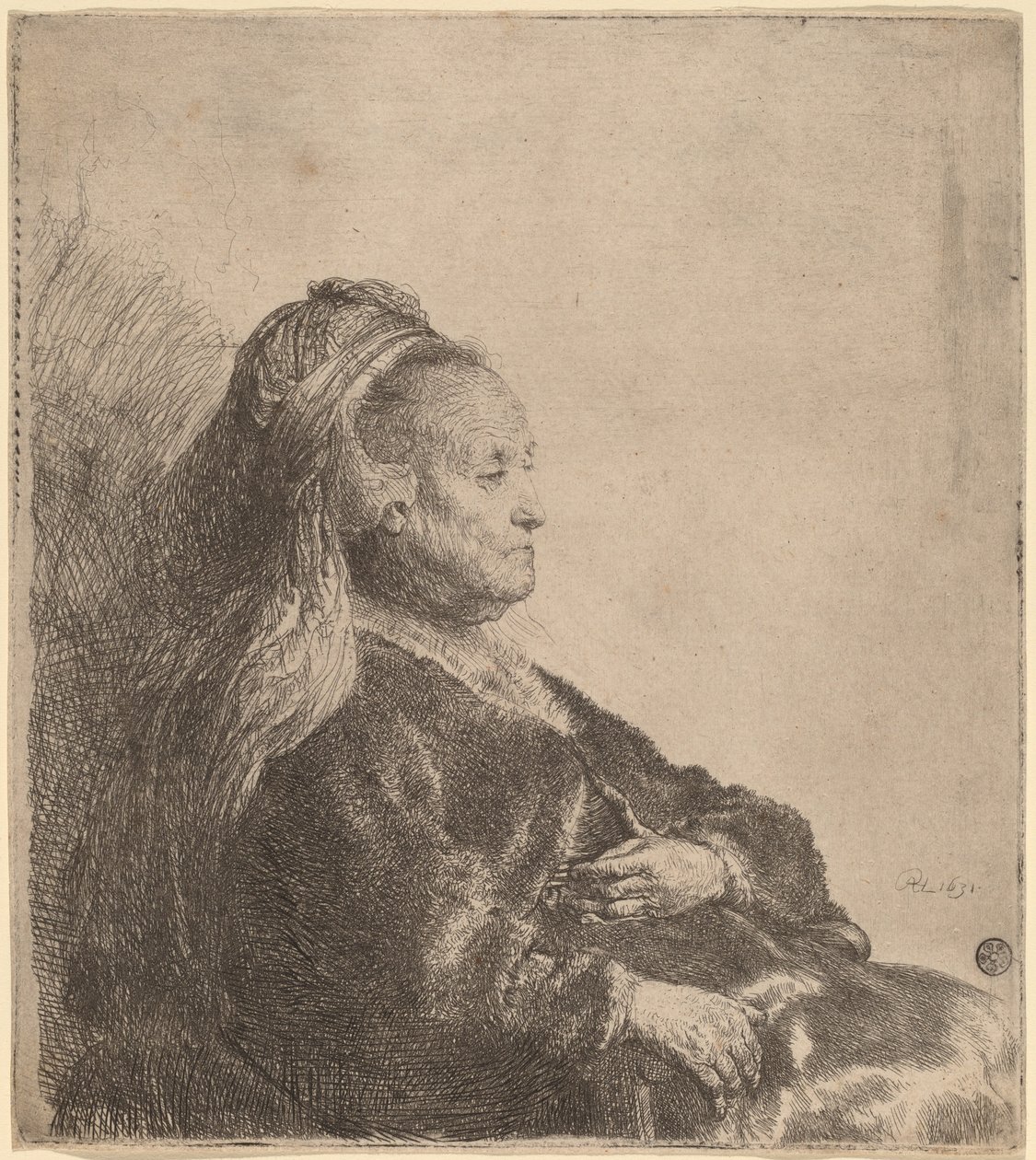 Kunstnerens mor sitter, i en orientalsk hodeplagg av Rembrandt van Rijn
