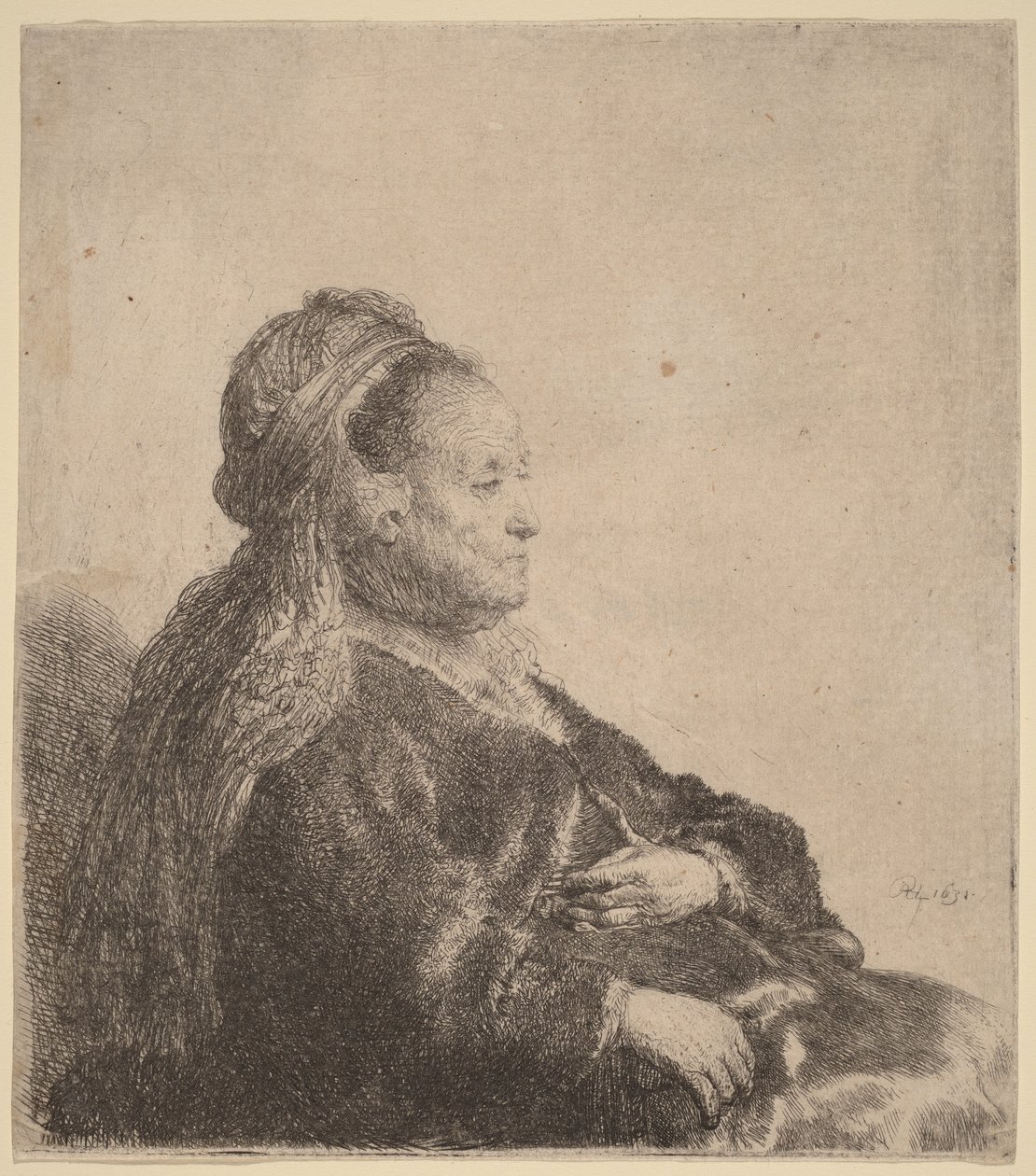 Kunstnerens mor sittende, med et orientalsk hodeplagg av Rembrandt van Rijn