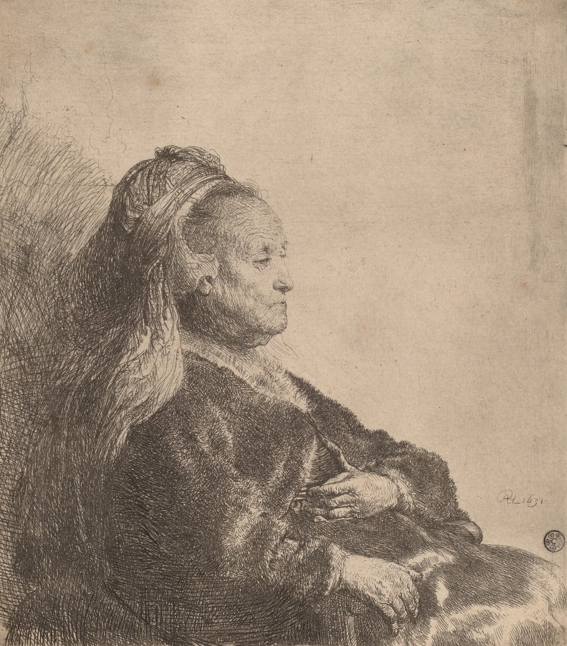 Kunstnerens mor sitter, i en orientalsk hodeplagg, 1631. av Rembrandt van Rijn