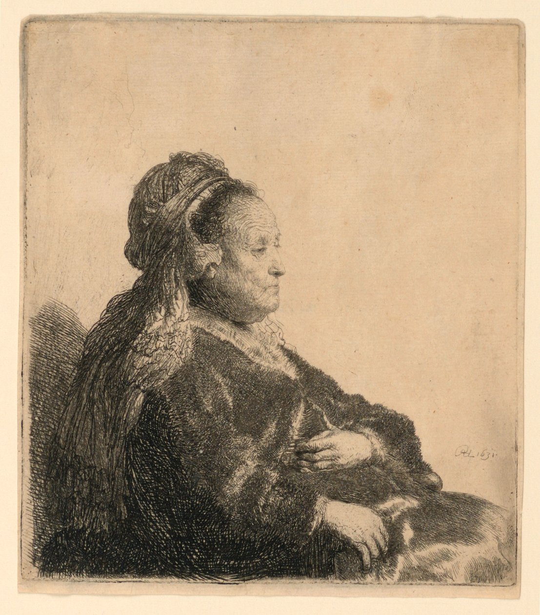 Kunstnerens mor sitter, i en orientalsk hodeplagg: halv lengde av Rembrandt van Rijn