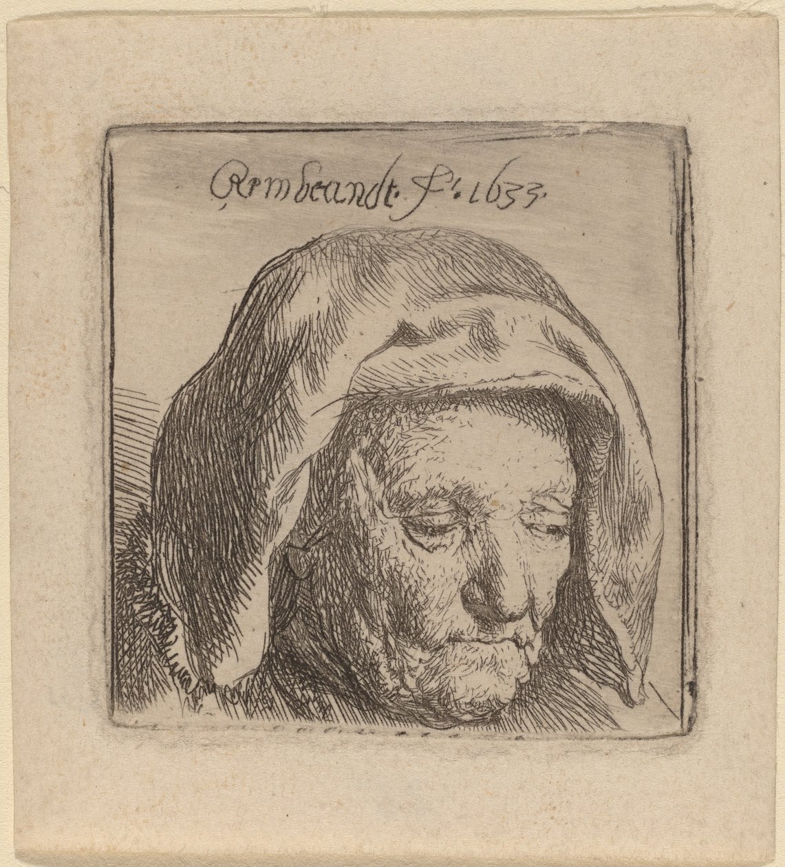 Kunstnerens mor i et hodeplagg, ser ned av Rembrandt van Rijn