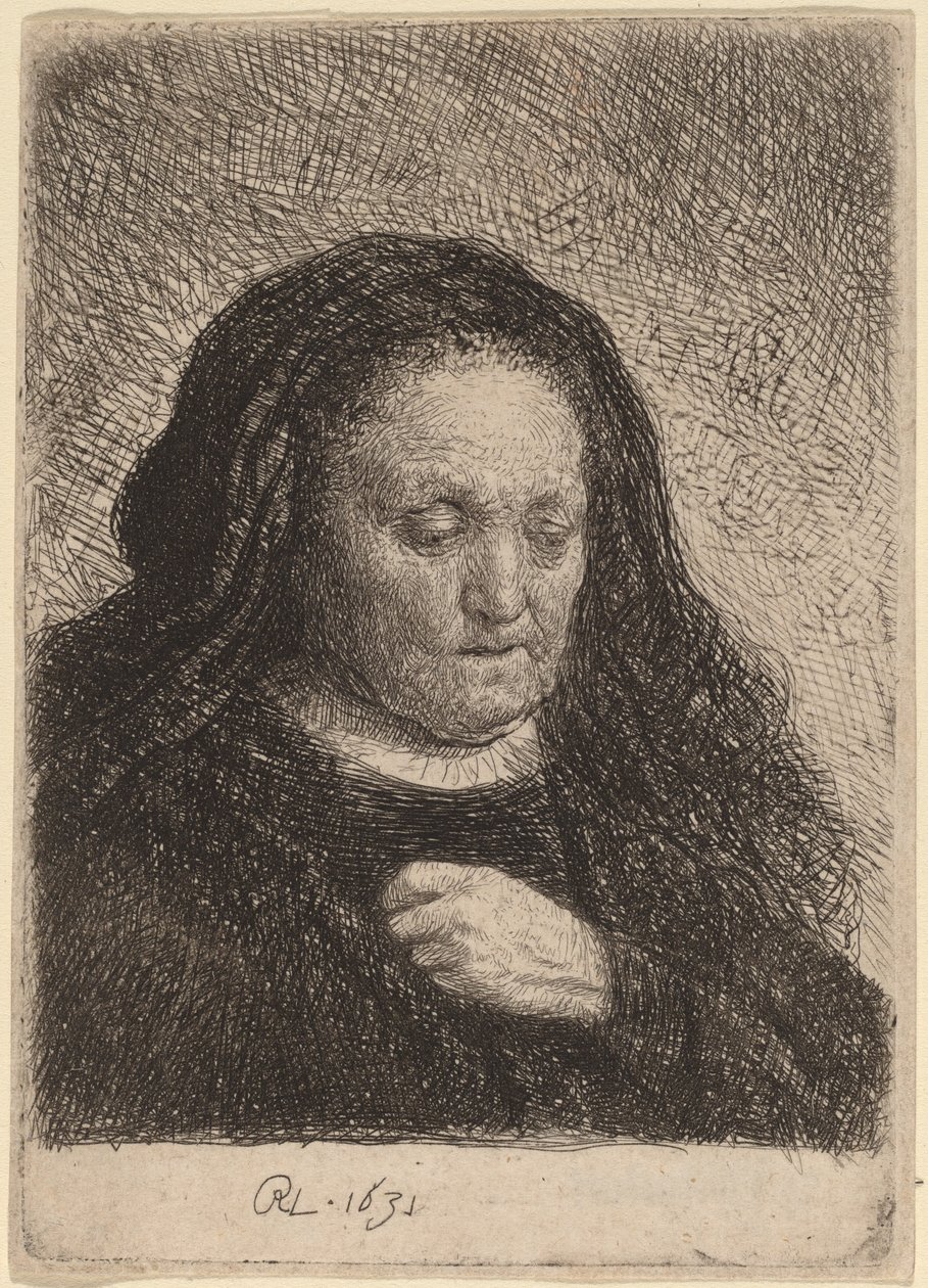 Kunstnerens mor med hånden på brystet av Rembrandt van Rijn