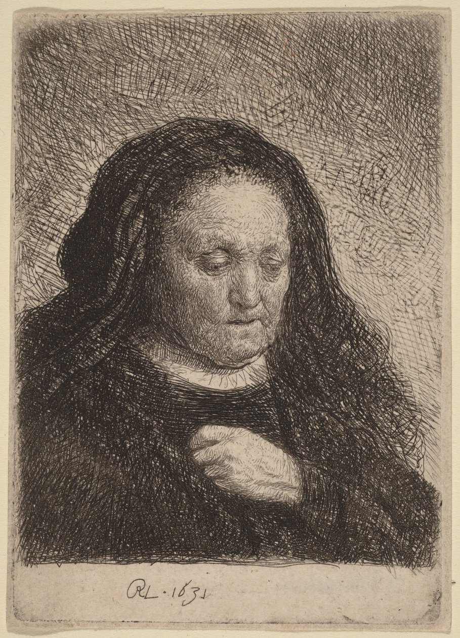 Kunstnerens mor med hånden på brystet av Rembrandt van Rijn