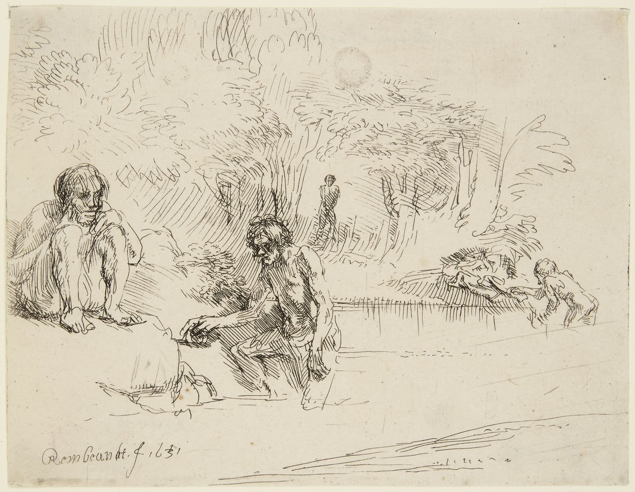 «Badegjestene» (Bartsch 195; Hind 250 II) av Rembrandt van Rijn