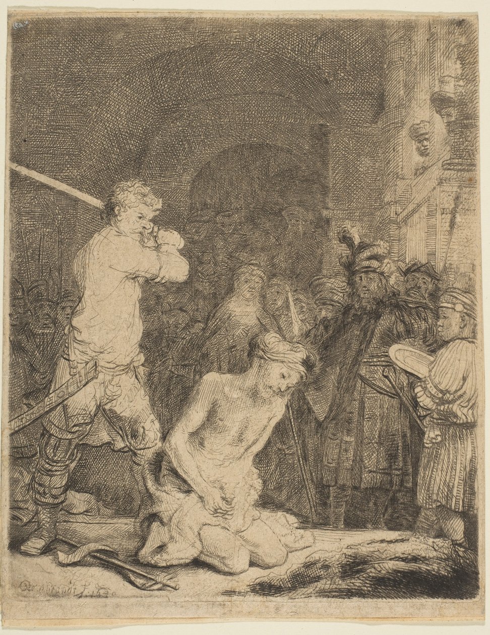 Halshuggingen av døperen Johannes. av Rembrandt van Rijn