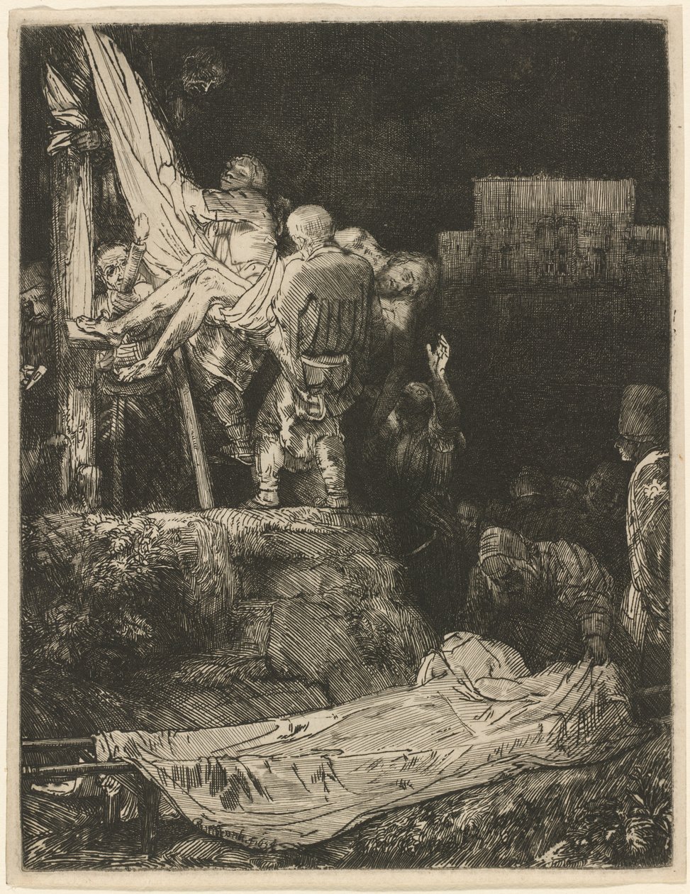 Nedstigningen fra korset med fakkellys av Rembrandt van Rijn