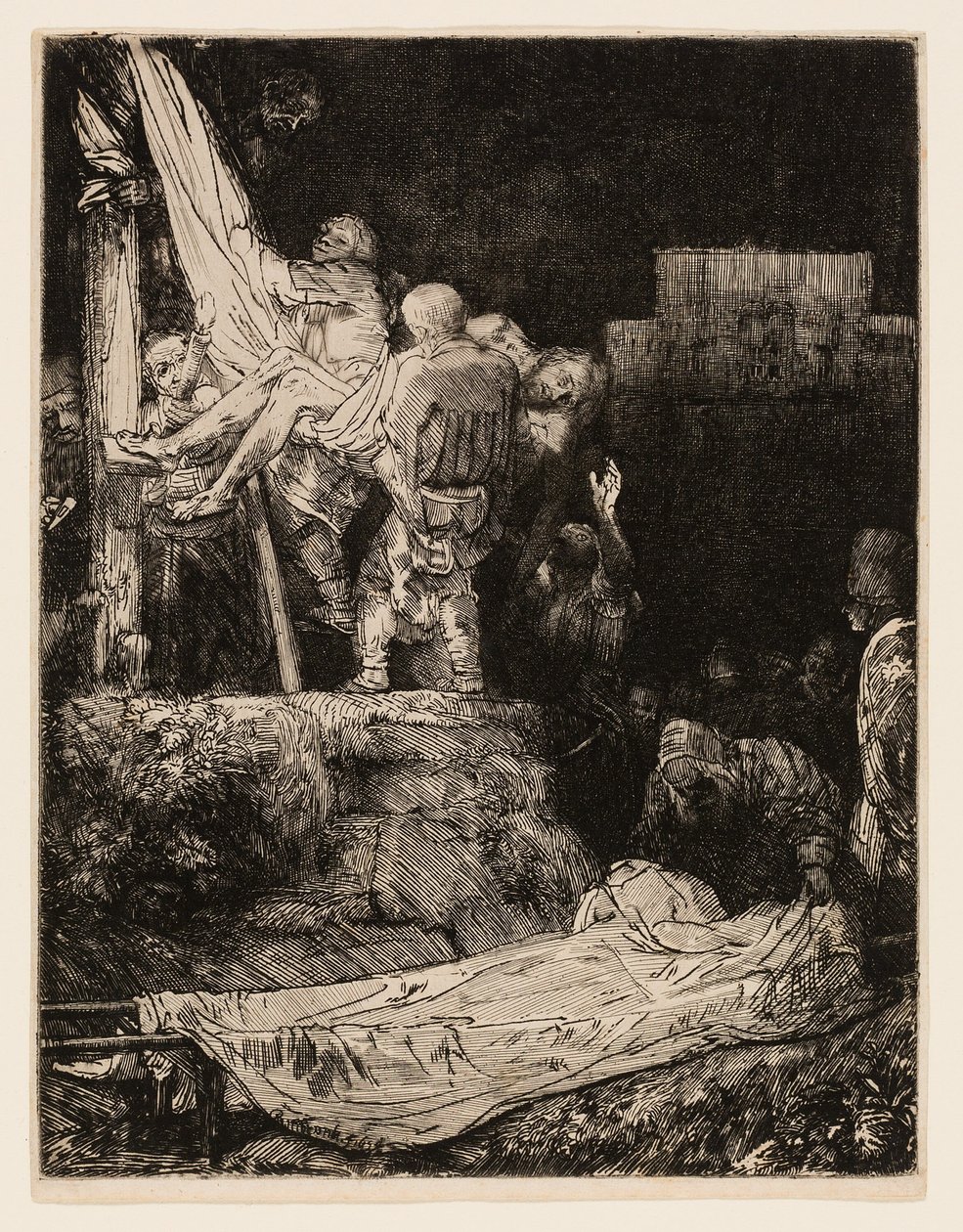 Nedstigningen fra korset med fakkellys av Rembrandt van Rijn