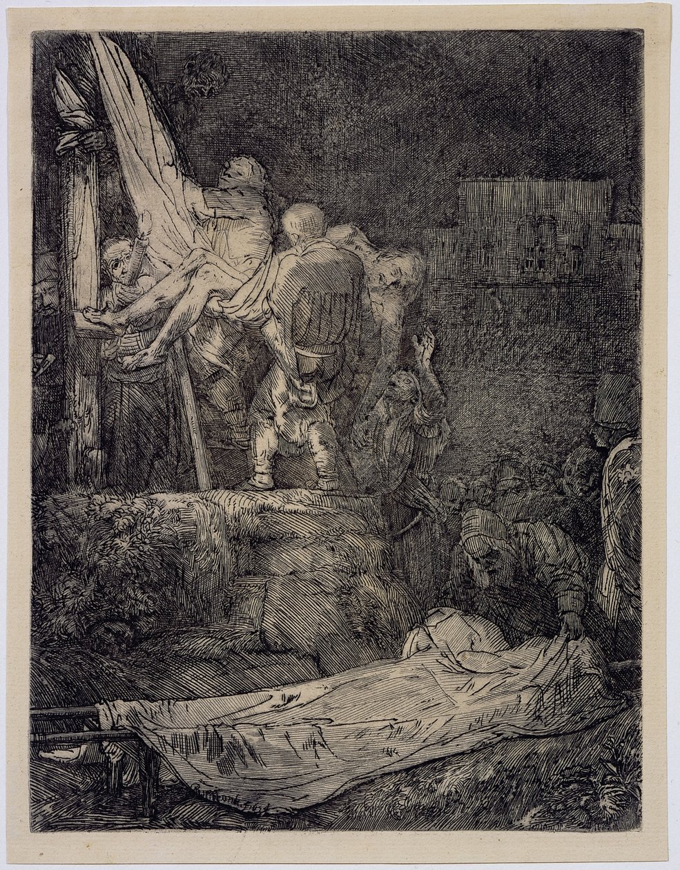 Nedstigningen fra korset med fakkellys av Rembrandt van Rijn