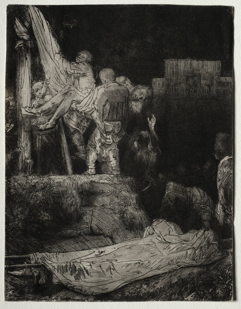 Nedstigningen fra korset med fakkellys, 1654. av Rembrandt van Rijn