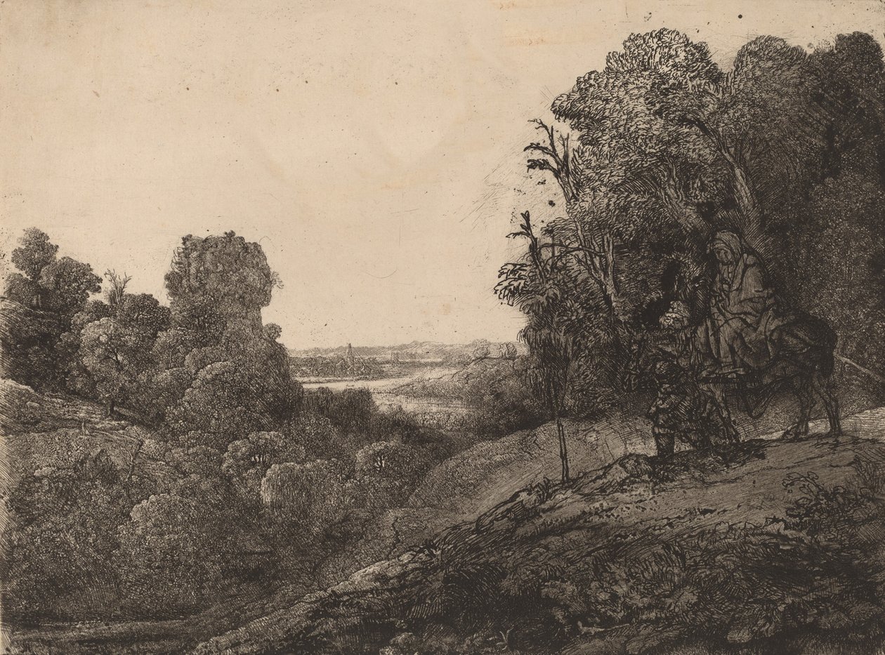 Flukten til Egypt: endret fra Seghers, ca. 1653. av Rembrandt van Rijn