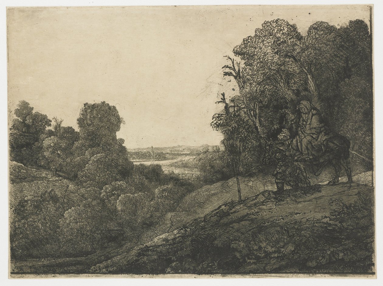 Flukten til Egypt, på en tallerken av Segers Flyturen til Egypt: endret plate fra Seghers av Rembrandt van Rijn