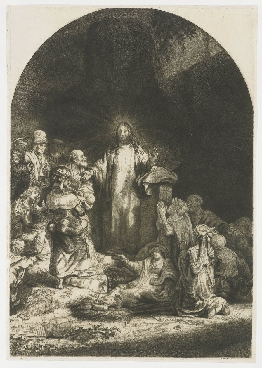 The Hundred Guilder Print: det sentrale stykket med Kristus forkynnelse, platen buet av Rembrandt van Rijn