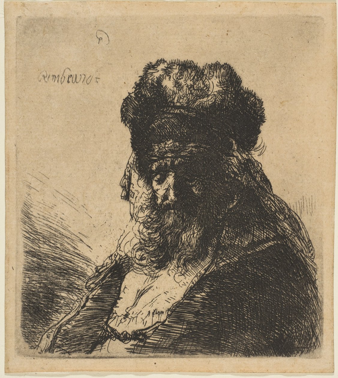 Den gamle skjeggete mannen i en høy pelshatt, med lukkede øyne, ca. 1635. av Rembrandt van Rijn