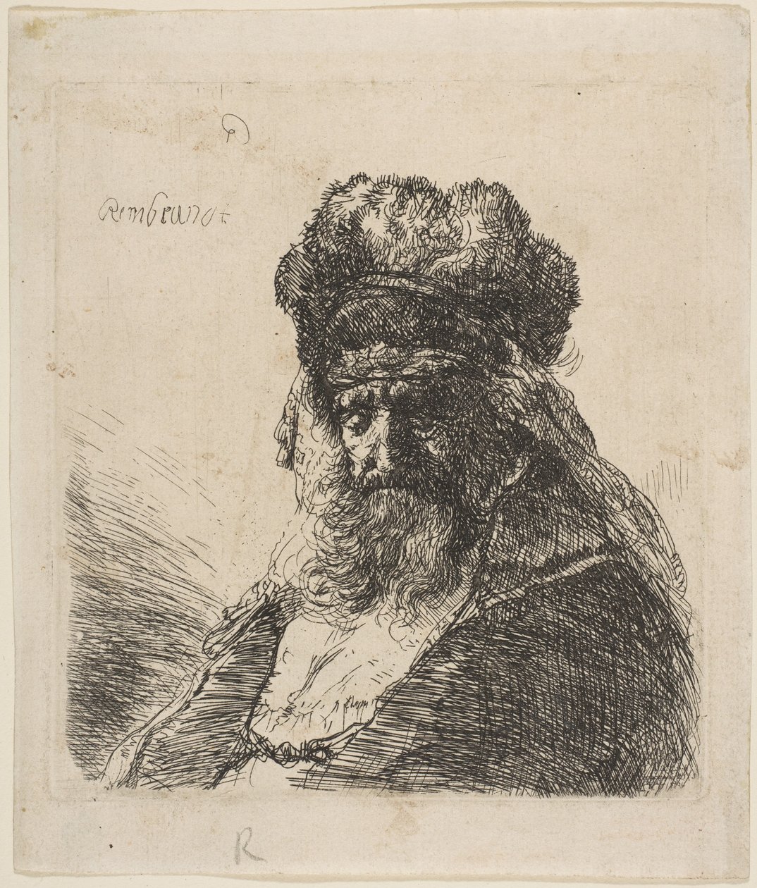 Den gamle skjeggete mannen i en høy pelshatt, med lukkede øyne, ca. 1635. av Rembrandt van Rijn