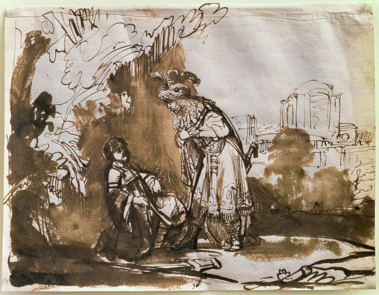 Avskjeden mellom David og Jonathan (penn og vask på papir) av Rembrandt van Rijn