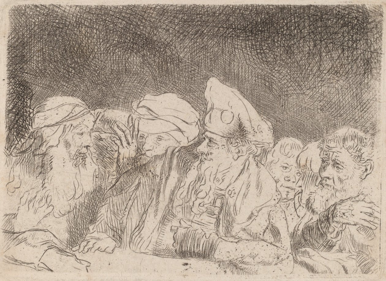 Fariseerne debatterer fragment fra Hundred Guilder Print, ca. 1649. av Rembrandt van Rijn