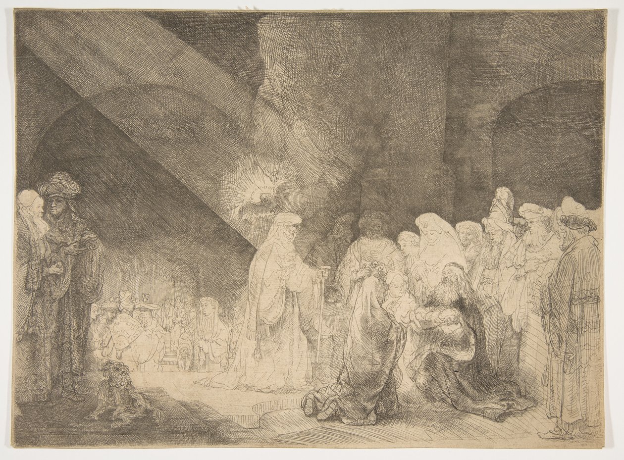 Presentasjonen i tempelet: Avlang plate. av Rembrandt van Rijn