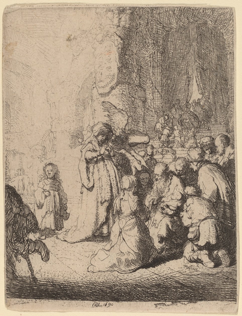 Presentasjonen i tempelet med engelen: Liten tallerken av Rembrandt van Rijn