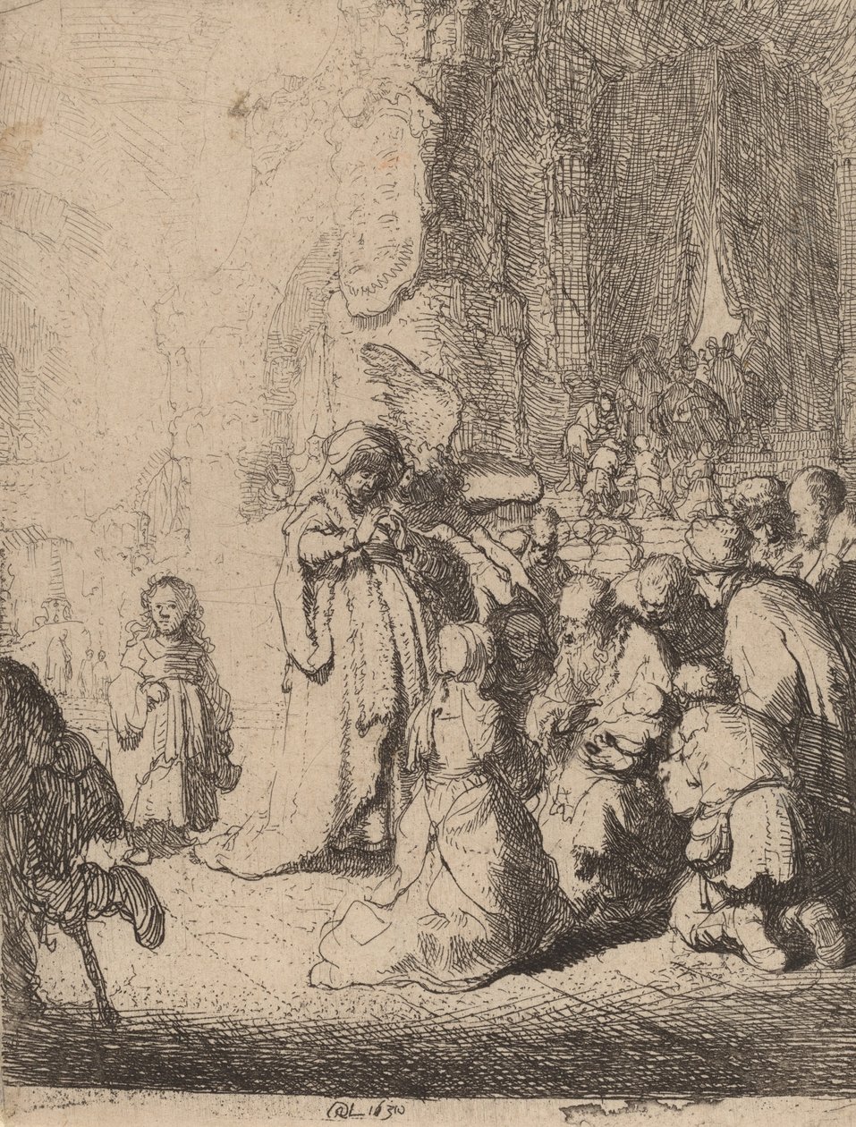 Presentasjonen i tempelet med engelen: liten tallerken, 1630. av Rembrandt van Rijn
