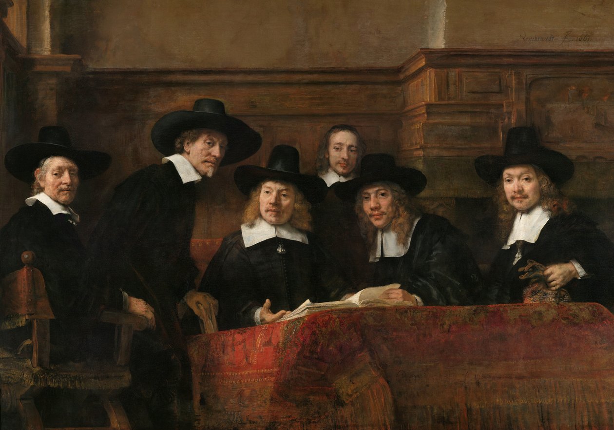 Prøvetakerne til Amsterdam Drapers' Guild, kjent som 'The Syndics' Prøvetakerne fra Amsterdam Drapers' Guild, kjent som 'The Syndics' av Rembrandt van Rijn