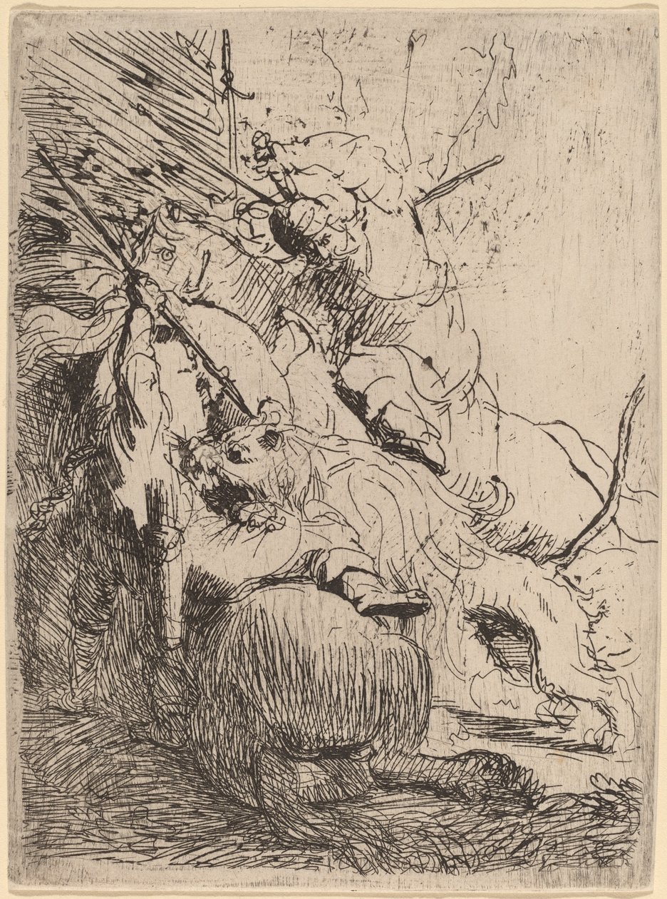 Den lille løvejakten (med én løve) av Rembrandt van Rijn
