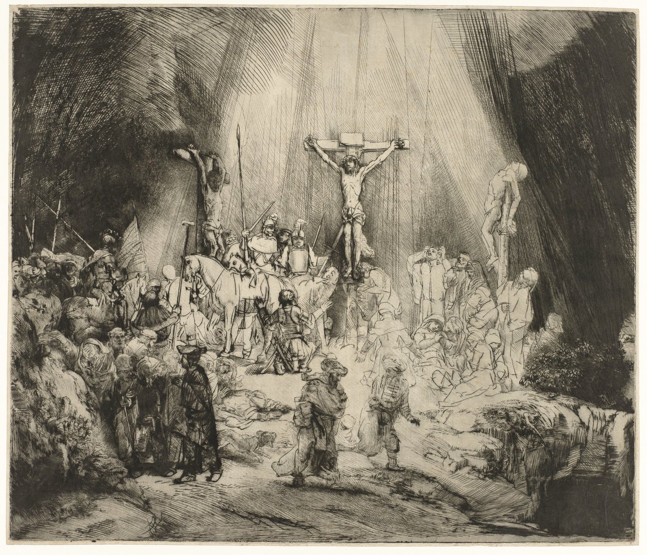 De tre korsene Kristus korsfestet mellom de to tyvene: 'De tre kors' av Rembrandt van Rijn