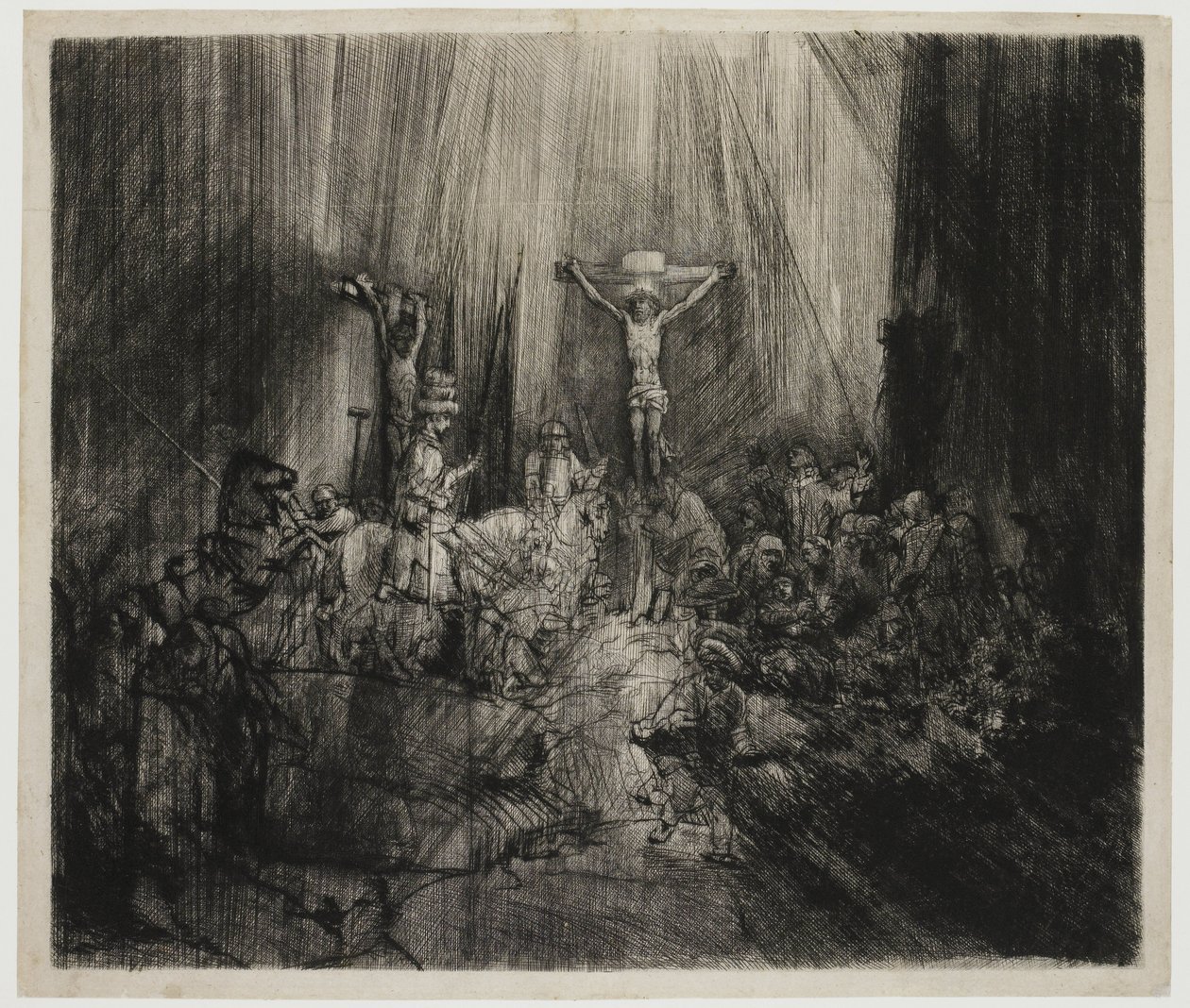 De tre korsene Kristus korsfestet mellom de to tyvene: 'De tre kors' av Rembrandt van Rijn