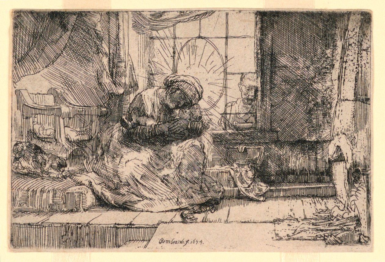 Jomfruen og barnet med katten og Josef ved vinduet av Rembrandt van Rijn