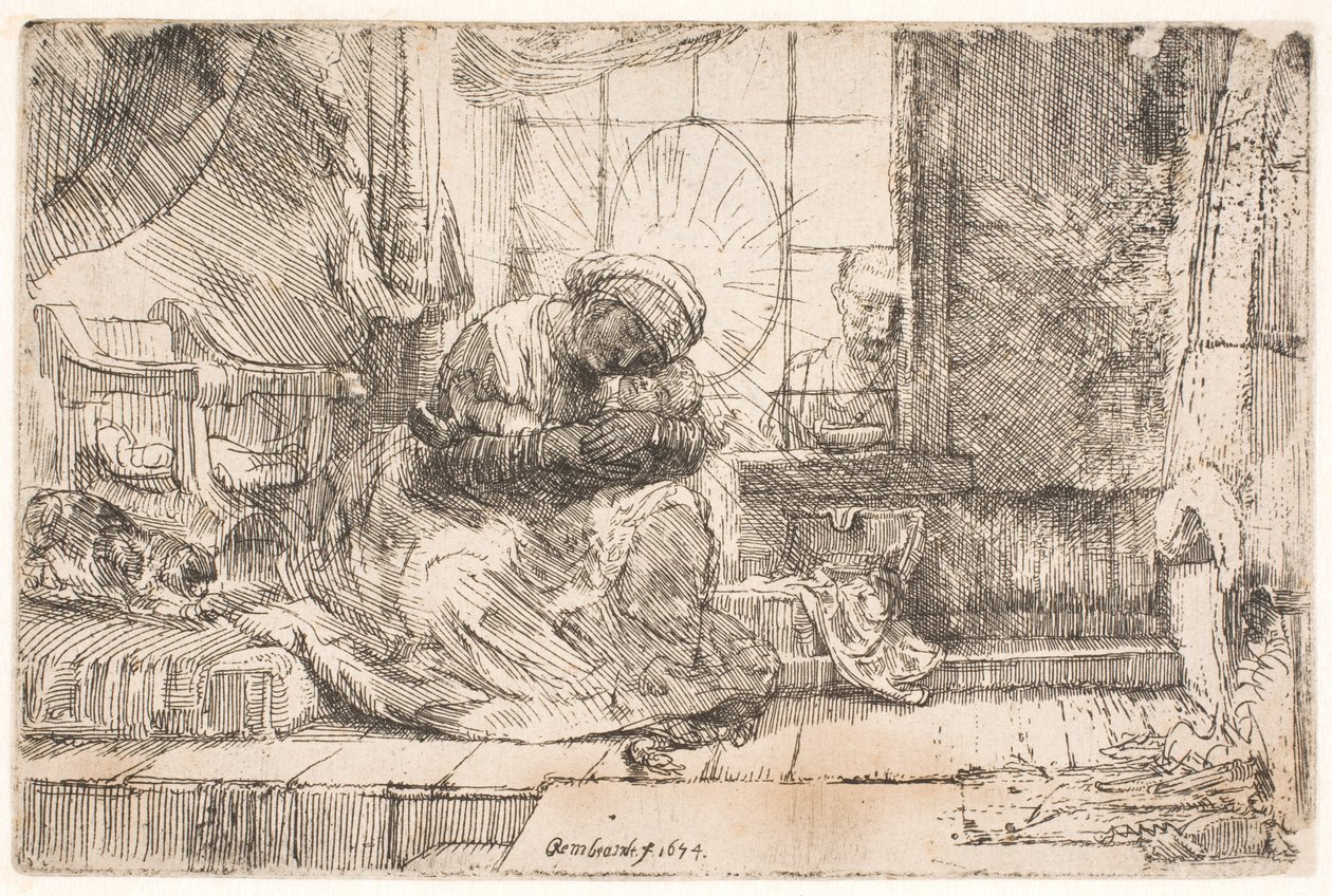 Jomfruen og barnet med katten: og Josef ved vinduet av Rembrandt van Rijn