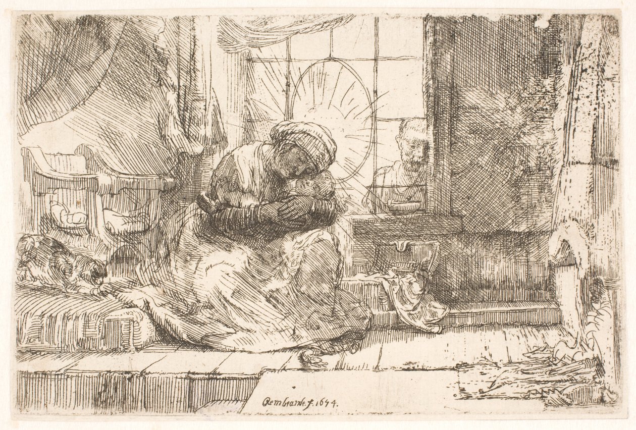 Jomfruen og barnet med katten: og Josef ved vinduet av Rembrandt van Rijn