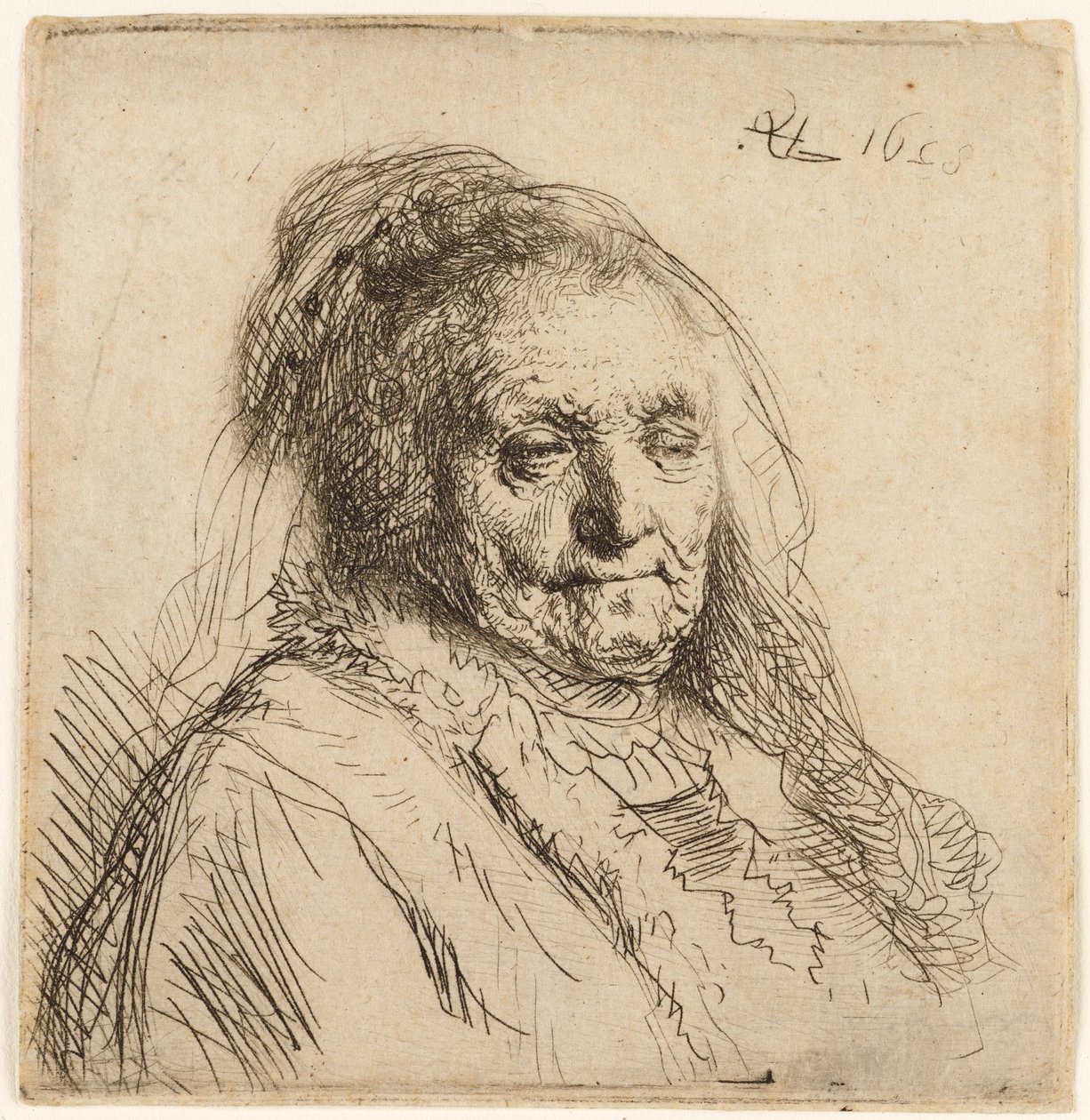 Kunstnerens mor, hode og byste, 1628. av Rembrandt van Rijn
