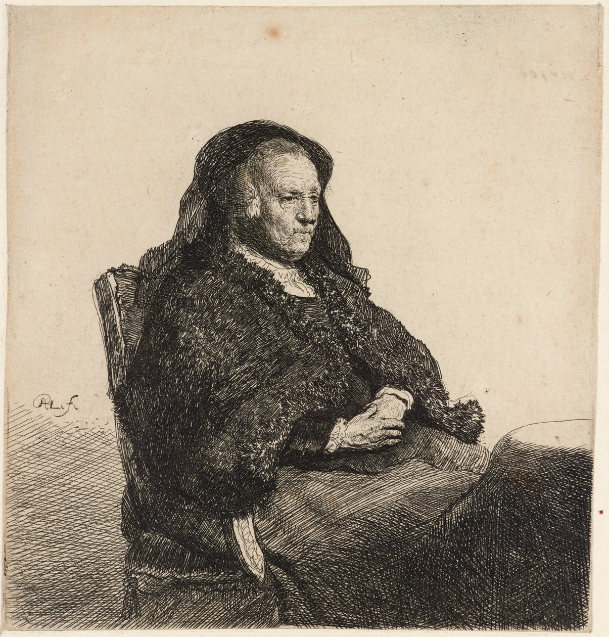 Kunstnerens mor satt ved et bord, ca. 1631. av Rembrandt van Rijn