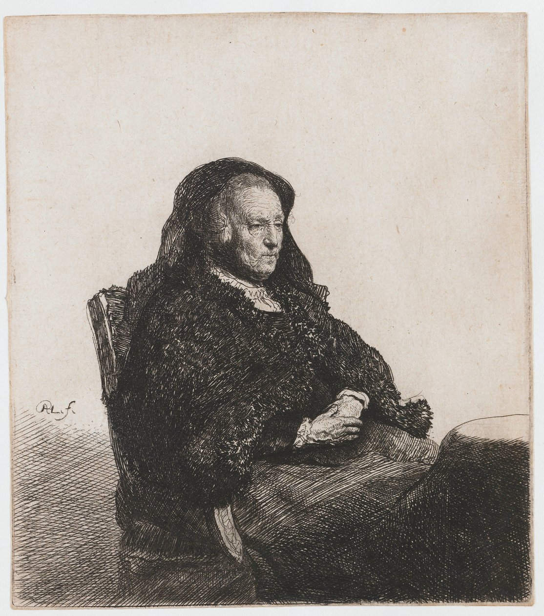 Kunstnerens mor satt ved et bord og ser til høyre: trekvart lengde av Rembrandt van Rijn
