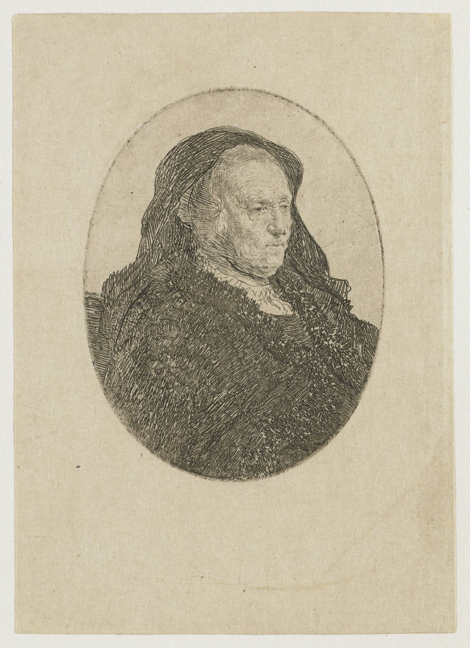 Kunstnerens mor sitter ved et bord og ser mot høyre: trekvartfigur av Rembrandt van Rijn