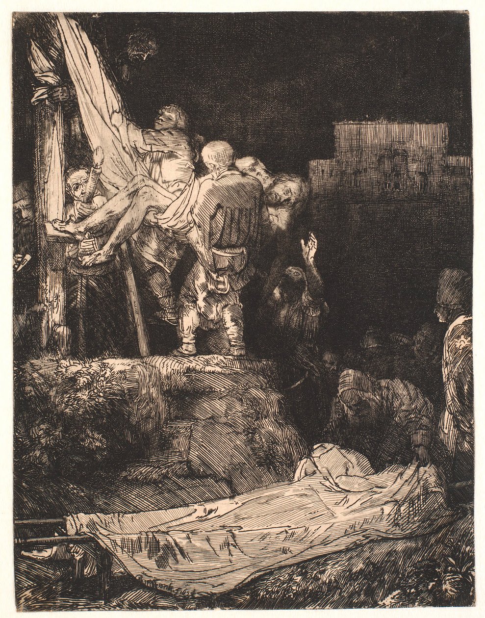 Nedstigningen fra korset: med fakkellys av Rembrandt van Rijn